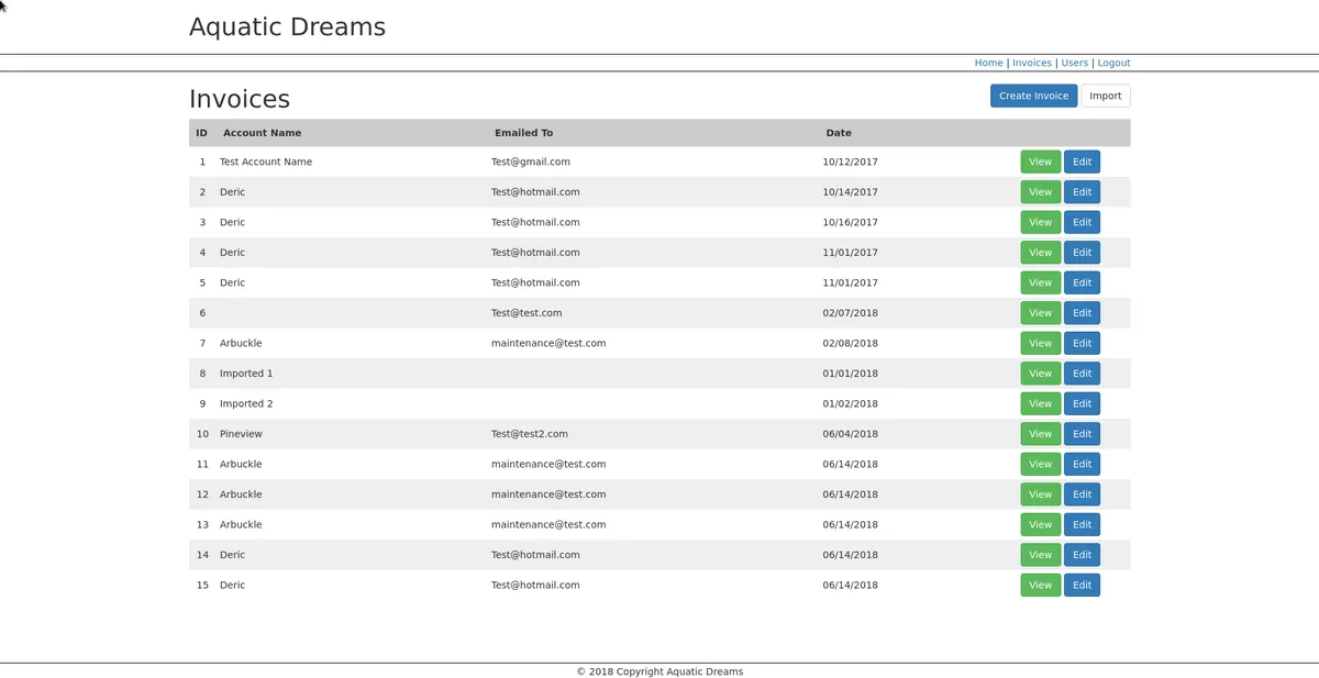 Screenshot of the Aquatic Dreams website